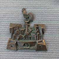 Kótai József ritka bronz falidísz, zsűrizett, kakasos, városos motívum, Iparművészeti Vállalat