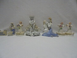 Six pieces of porcelain woman, little girl in frilly dress - nipp, statue, figure - together
