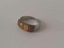 Gyönyörű ezüst gyűrű 4 féle színű borostyán kő berakással zöld narancs citrom piros