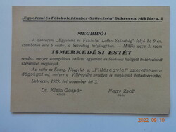 Meghívó ismerkedési estre (Egyetemi és Főiskolai Luther-Szövetség, Debrecen) - 1929