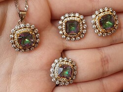 3-piece mystic topaz jewelry set, ring, necklace, earrings in a medical metal socket