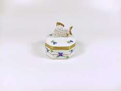 Herendi, blue garland pbg pattern jewelry box with fish catch, hand painted porcelain, flawless (h126)