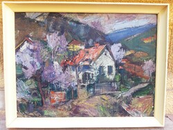 Séday Éva (1929-2011) Házak A Domboldalon,Képcsarnokos Festmény