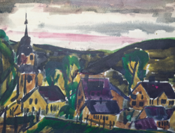 Szászország - hegyi város látképe - Schellenberg Augustusburgnál - német akvarell, Walther?