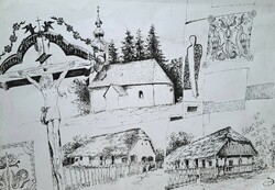 Rural collage - ink drawing - marked bene, bene erzsébet?