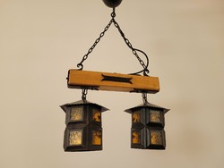 Régi vintage kovácsoltvas vas 2 égős mennyezeti lámpa sárga üveges csillár lámpás