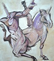 Lovas jelenet - jelzett tempera festmény