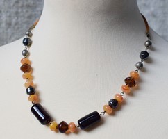 Old necklace retro jewelry 44 cm mineral, semi-precious stone with pearls, metal, leather jewelry