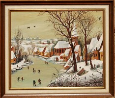 Pieter Brueghel: Winter Landscape with Skaters and Bird Trap, 1565 - oil painting, 20th century copy