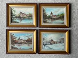 4 pictures for the price of 1 oil painting with a castle and a small lake in 4 seasons