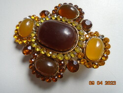 Antique spectacular gilded brooch pendant textured with amber colored stones