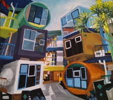 Élet a színes dobozokban. Akril festmény, 60 x 60 Modern építészet