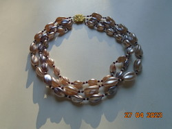 Antik 3 soros nyakék selyem fényű lilás ezüst színű csavart gyöngyökből,aranyozott filigrán kapocs