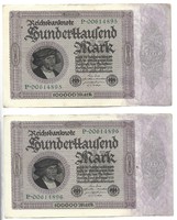 2 X 100000 marks 1923 imperial printing 8 digit serial number aunc unfolded Germany