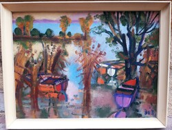 Doór Ferenc (1918-2015) Balatonpart Csónakokkal,Képcsarnokos Festmény