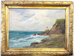 Geza Záhonyi (1889-?). Girl on the beach, oil on canvas