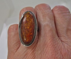 Special antique Russian silver ring with large real amber
