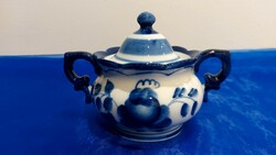 Russian blue and white ceramic, round sugar bowl with handles