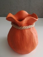 Orange-colored, bag-style ceramic vase/holder, 12 cm high