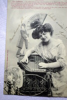 Antique photo postcard lady dressed as a geisha with a zither toy Asian doll