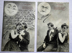 2 darab Antik romantikus fotó képeslap szerelmes pár nevető hold haragos pár mérges hold