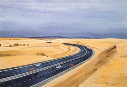 József Dobroszláv: highway, 1986 - social real watercolor, rare subject - roads, transport