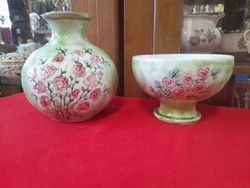 Marked ceramic vase with pink embossed pattern, offering pair.