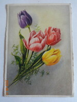 Régi grafikus virágos üdvözlő képeslap, tulipánok