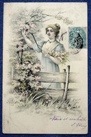 Antique a&m b graphic colored postcard lady with spring flowers