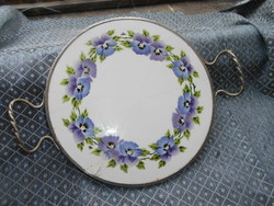 Art Nouveau faience inlaid tray with metal rim, 3 ball feet pansy pattern