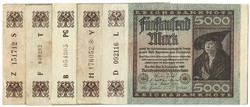 5 X 5000 mark 1922 folded hakensterne watermark various serial numbers Germany