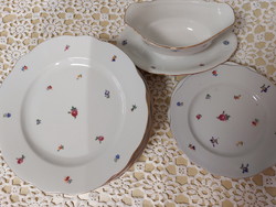 Zsolnay beautiful porcelain with small flowers, plates and saucers with golden edges