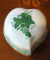 Zöld Apponyi-mintás herendi szív alakú kis bonbonier