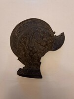 Antique militaria military cast iron helmet with figural battle scene decoration, 1800s