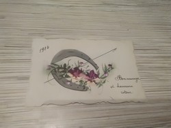 Antik kézzel festett Üdvözlő képeslap.