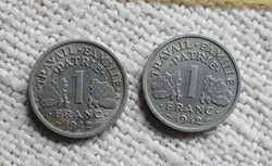 Franciaország 1 frank, 1942 , 2 db. , pénz , érme