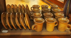 Retro ceramic coffee set for six on a wooden tray