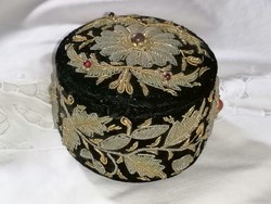 Old, Indian, handmade black velvet jewelry box decorated with stones is a rarity!