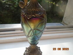LOETZ Eozin, Green, Blue, Purple Glass with Gold Tones Art Nouveau Decorative Decanter with Bronze Fittings