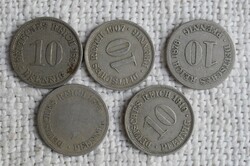 10 Pfenning , 1875 , 1876 , 1897 , 1907 , 1910 , money , coin , German Empire , 5 pieces