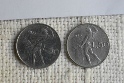 Italy 50 lira, 1979, 1977, Italian, money, coin 2 pieces