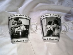 A pair of porcelain mugs with a romantic scene, the first love, which can be given as a gift