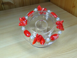 Bracelet made of quality red white marbled acrylic beads and special flattened glass beads