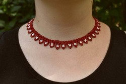 Burgundy and white pearl necklace and earring set with leaves