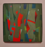 An abstract composition by Imre A. Varga (Kecskemét, 1953–); oil, wood fiber, wood, 23 x 23 cm