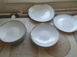 German porcelain tableware for sale! Round tray with golden border, 3 flat plates, 2 deep plates