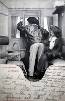Antique humorous photo postcard - in the railway compartment