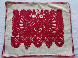 Antique Transylvanian very decorative hand-embroidered written linen decorative cushion cover with a pair of cooing doves