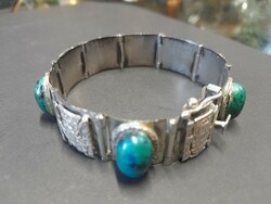 South American silver 925, bracelet decorated with blue-green stones. 35.8 Grams.