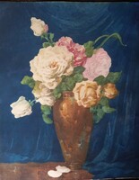 Komáromi kacz endre: flower still life, watercolor in a vase of roses
